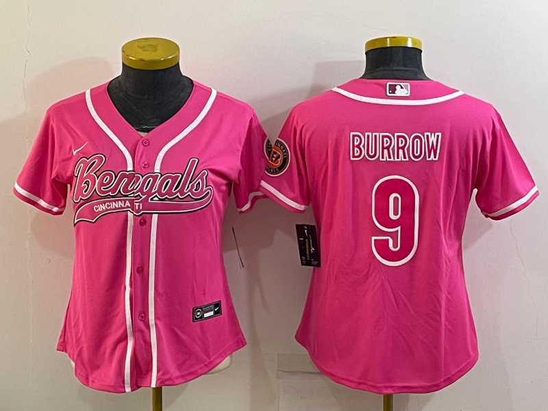 Women%27s Cincinnati Bengals #9 Joe Burrow Pink With Patch Cool Base Stitched Baseball Jersey->women nfl jersey->Women Jersey